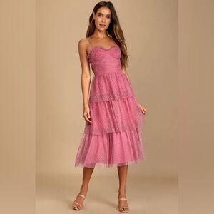 Lulus Sweetheart Style Mauve Polka Dot Bustier Tiered Midi Dress